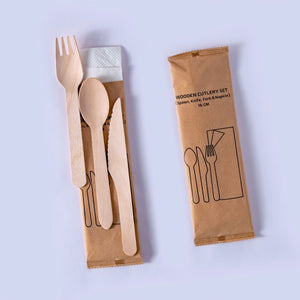 Wrapped Wooden Cutlery Set - 4pcs ( Fork,Spoon,Knife and Napkin), 500 sets